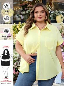SHEIN CURVE+ 大码女式夏季衬衫，翻领宽松休闲短袖衬衫 - 黃色 - 查看 9