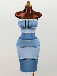 Mistrie Vestido de mezclilla con abertura alta extra larga para mujer - Azul - Ver 7