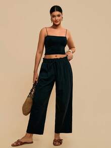 Travachic Plus Size Black 100% Cotton Casual Pants, Simple Fashion Everyday Wear - Black - View 6