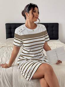 SHEIN Frenchy Plus Size Women Striped Round Neck Short Sleeve Casual Dress - Brown - View 1