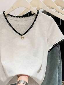 INAWLY Áo thun nữ tay ngắn cổ chữ V, kiểu dáng thường ngày, vai thẳng - Màu Xám nhạt - Xem 3