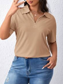 SHEIN Essnce Camiseta de manga corta acanalada con cremallera y media cartera de unicolor para mujer de talla grande - Caqui - Ver 1