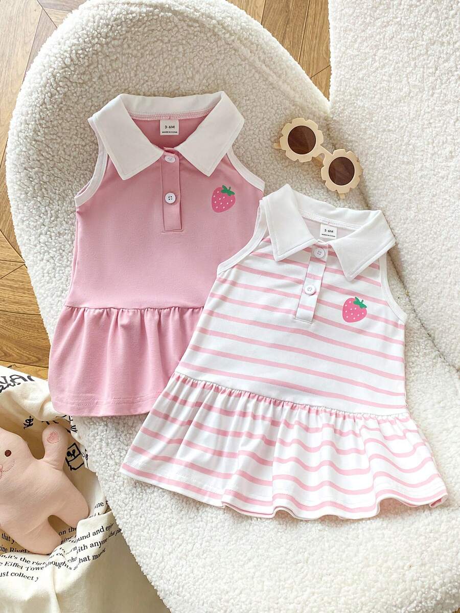 SHEIN Playful Pals Đầm hè kẻ sọc không tay cổ bẻ cho bé gái - Màu Hồng baby - Xem 1