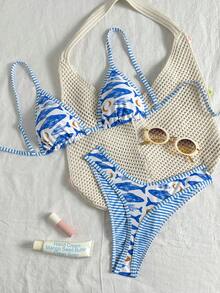 Swim Mod 2026春夏露背系带两件式比基尼泳衣女士比基尼套装动物园主题女装斑马纹罩衫两件套沙滩装夏季泳装度假邮轮旅行沙滩日光浴女士沙滩套装女士泳衣套装 - 藍色 - 查看 6