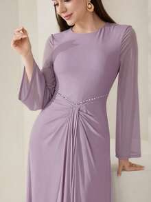 Veilorie New Arrival Ruched Waist Rhinestone Embellished Elegant Flowing Cocktail Party Dress - Purple - View 3