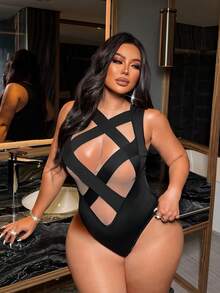 NU&NOW Body sexy sans dos avec bretelles croisées, patchwork en maille extensible, convient pour les rendez-vous, les fêtes, les festivals de musique, grande taille - Noir - Voir 2