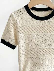 Franclia Women's Contrast Trim Hollow Out Short Sleeve Knit Top - Apricot - View 6