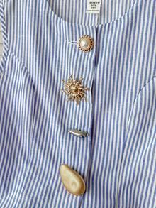 SHEIN 少女休闲优雅无袖蓝白条纹收腰开衩衬衫 - 藍色 - 查看 6