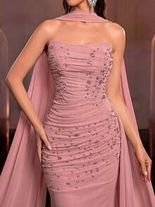 Glamrae Elegant Rhinestone Beaded Sexy Halter Elastic Ruched Halter Dress, Suitable For Wedding, Party, Prom, Banquet - Dusty Pink - View 8