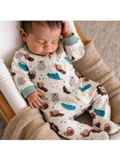 SHEIN Áo liền quần dài tay có khóa kéo, mềm mại, thoải mái cho bé sơ sinh, in hình hoạt hình.