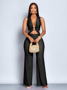 SOLERSUN Bộ jumpsuit nữ màu trơn thanh lịch, gợi cảm, kiểu dáng mới mùa xuân hè, cổ chữ V sâu, thích hợp cho kỳ nghỉ đêm, đi chơi, du lịch, tiệc tùng, đi chơi hàng ngày. - màu đen - Xem 5