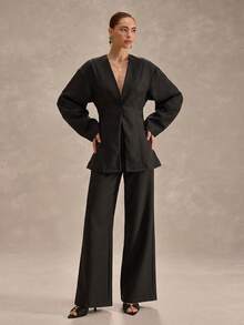 CLARA VERO Women's Hidden Button Waist Cinching Lantern Sleeve Split Hem Blazer And Wide Leg Pants 2 Pieces Set - Black - View 5