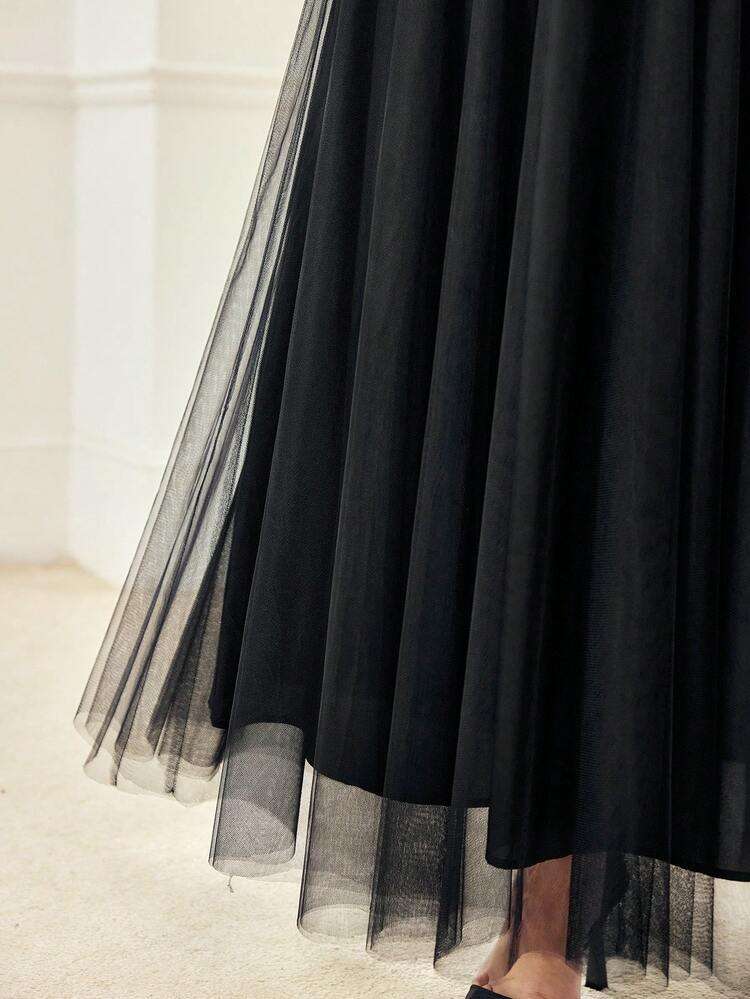 PLUS SIZE ELEGANT SOLID COLOR CONTRAST MESH ELASTIC WAIST SKIRT, AUTUMN
