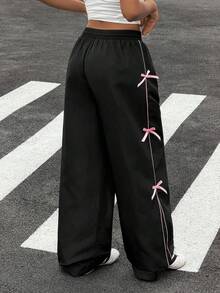 Muchica Woven Black Pants With Pink Bow Decor Casual Wide Leg Trousers Baggy Pants - Black - View 2