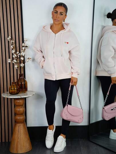 SAYEHFBABY 女士休闲日常心形刺绣落肩宽松抽绳拉链连帽衫，春秋季