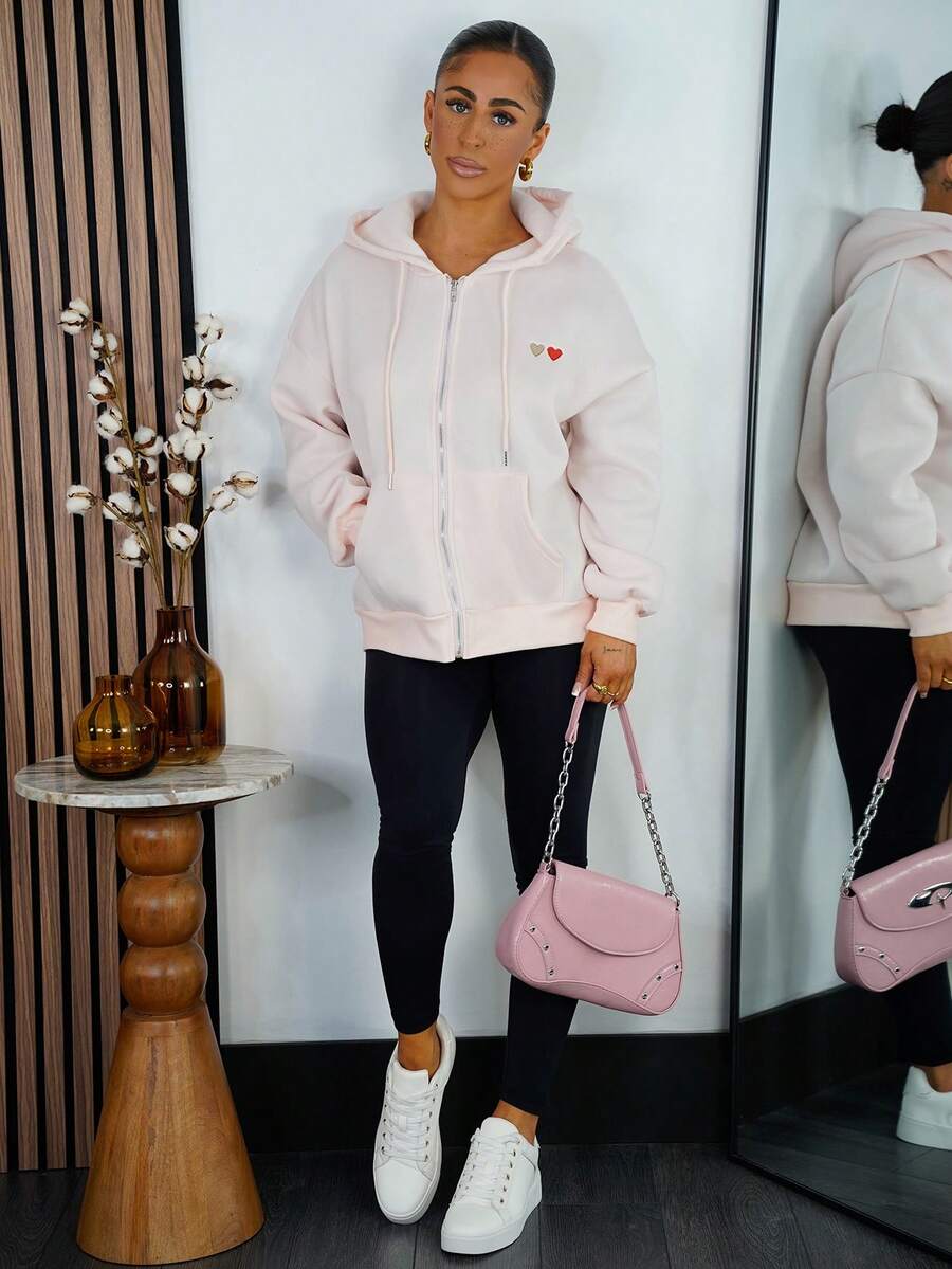 SAYEHFBABY 女士休闲日常心形刺绣落肩宽松抽绳拉链连帽衫，春秋季 - 粉色 - 查看 1