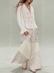 SoleilVie 春夏新款花卉拼接阔腿裤常规腰松紧腰度假长裤两件套套装女装奶油色两件套夏季度假装 - 彩色 - 查看 5