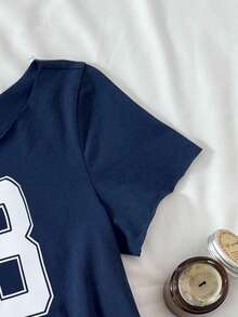Teen Girl Casual Royal Blue Knitted Slogan Cold Shoulder Printed Short Short-Sleeved Fitted Top, Spring And Summer, Cool, Basic, Daily, Versatile, Sports Fashion Summer Tops, Back To School Season, School Uniforms~ Mothers Day Outfit Graduation Summer Tops Suitable For Spring & Summer Daily, Outing, Vacation, Holiday Wear, Stylish Girls, Casual Wear, New Style, Homecoming, Chill Vibe Outfits, Back To School, Girly Style T Shirt - Navy Blue - View 3