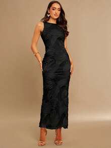 Silquee 女士网纱刺绣修身长裙 - 黑色 - 查看 5