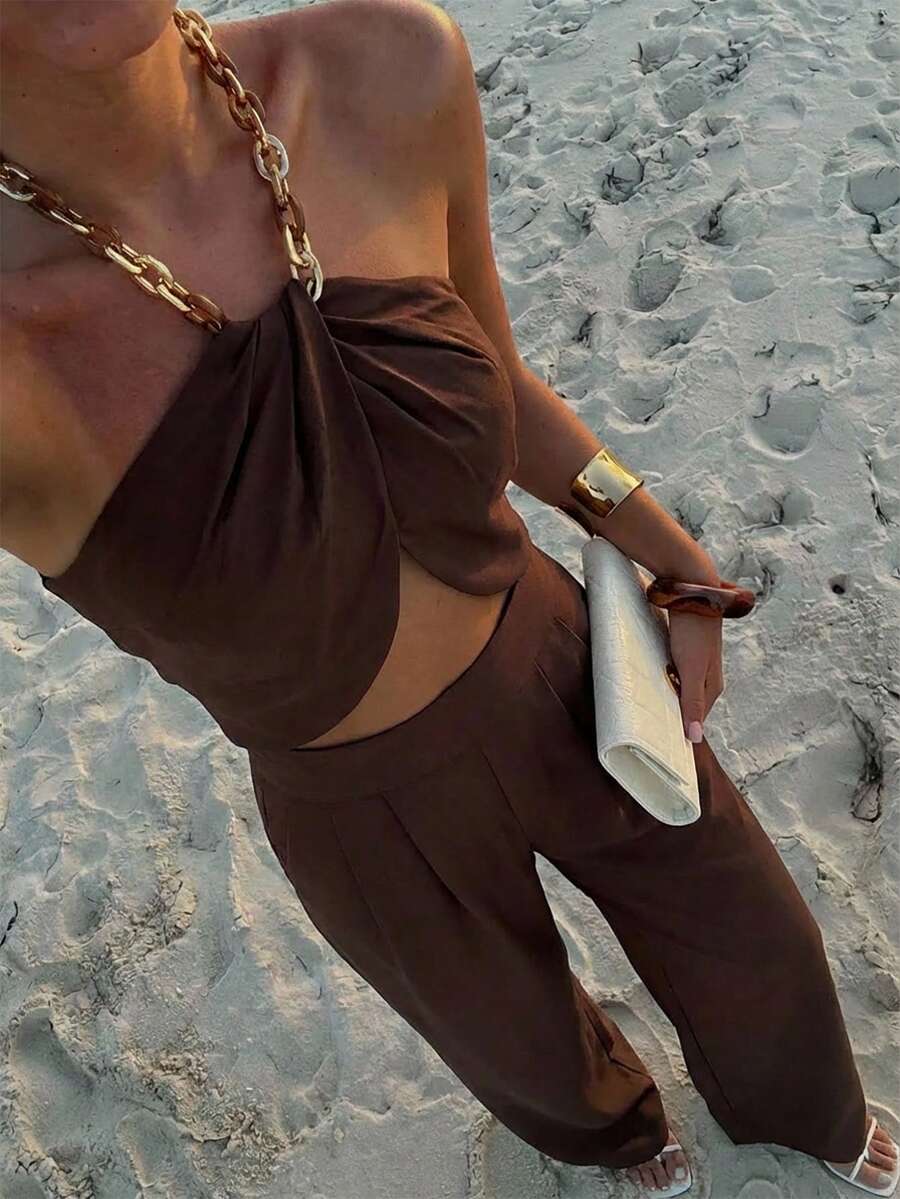 Aloruh Bộ 2 món áo crop top xếp ly màu trơn và quần ống rộng thời trang dành cho nữ - Gỗ đỏ - Xem 1
