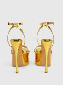 CUCCOO LuxiPop Women's High-Heeled Sandals, Round Toe High Heels, Pu Fabric, Strip Decoration, Fashionable And Comfortable For Daily Parties And Banquets, Buckle-Up Heel Shoes, Nightclub Style, Sexy Style, Easter, Spring And Summer 2000's Style, Summer Wear, Vacation Atmosphere, Cool Girl Night Out Style - yellow gold - View 7