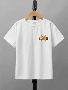 SHEIN Tween Boy Slogan Print Drop Shoulder T-Shirt, Simple & Comfortable, Great For Daily Summer - White - View 3