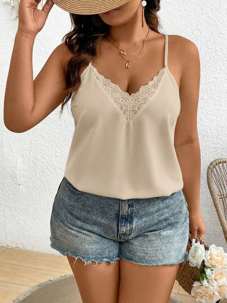 SHEIN Frenchy Plus Size Solid Color Lace Patchwork V-Neck Camisole Gym Brown Summer - Khaki - View 1