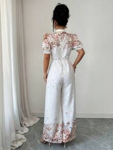 Elenzga Bộ jumpsuit nữ in hoa tay ngắn dáng cánh hoa ống rộng thanh lịch - trắng - Xem 2