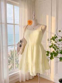 Comfortcana Đầm slip chiffon cỡ lớn, đầm không tay, đầm mùa hè, đầm màu vàng, đầm nữ, đầm thường ngày, đầm lấy cảm hứng từ kỳ nghỉ, trang phục đi nghỉ mát. - Vàng nhạt - Xem 8