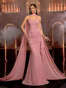 Glamrae Elegant Rhinestone Beaded Sexy Halter Elastic Ruched Halter Dress, Suitable For Wedding, Party, Prom, Banquet - Dusty Pink - View 7