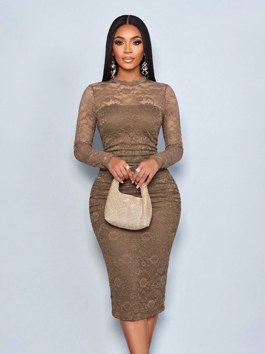 SOLERSUN Sexy Elegant Simple Floral Print Spring/Autumn Women Dress - Khaki - View 1