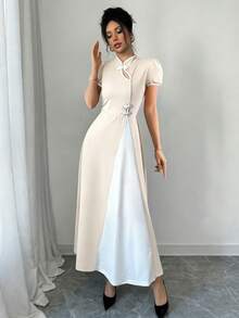 Rafferiza Women's Elegant Dress With Short Puff Sleeves And Button Design - Apricot - View 4