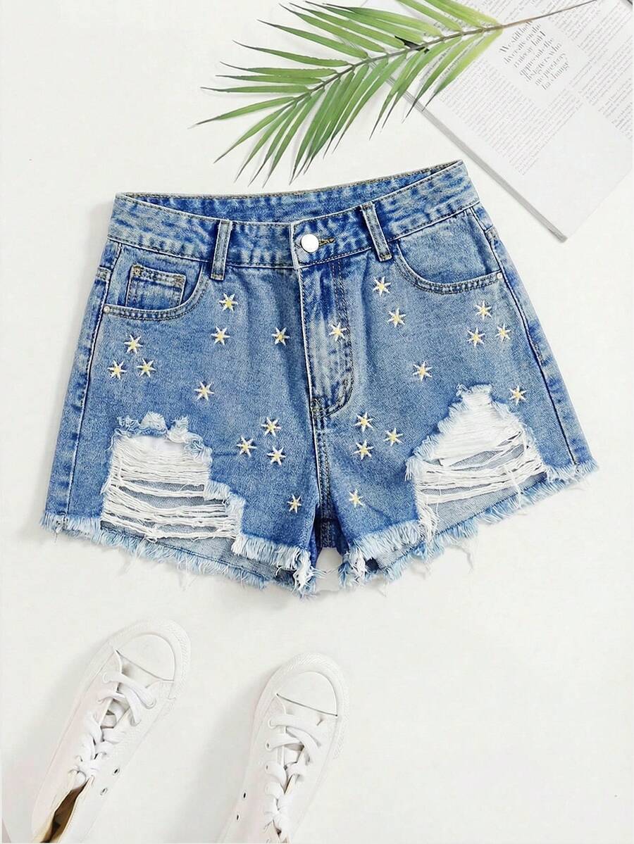 SHEIN Holidaya Shorts vaqueros casuales de mujer con bolsillos y diseño de bordado de estrellas desgastado - Azul - Ver 1
