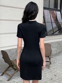 EastFlair Women's Button Design Short Sleeve Fitted Elegant Mini Dress - Black - View 8