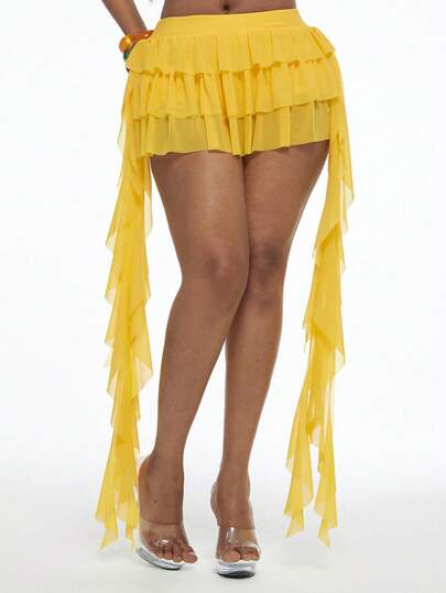 Coolane 女士纯色荷叶边下摆时尚性感迷你裙