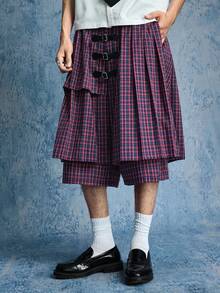 Street Life Men's Plaid Fashion Design Pleated Multi-Layer Plaid Shorts, Summer - Purple - View 6