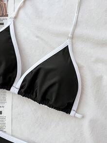 SHEIN 少女纯色简约海军蓝白撞色吊带比基尼套装，休闲沙滩度假装，夏季时尚新品 - 黑與白 - 查看 9