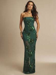Silquee Vestido ajustado con parches de malla y diseño floral 3D sin tirantes - Verde Oscuro - Ver 4