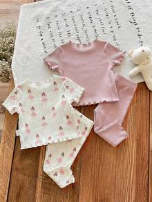 SHEIN LMoss Kids 新生女宝宝夏季休闲碎花荷叶边圆领短袖上衣和裤子四件套针织睡衣套装 - 粉色 - 查看 2