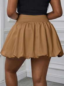 SHEIN PETITE CURVE 大码纯色百褶泡泡裙，休闲度假风 - 卡其色 - 查看 2