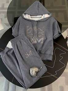 Resyla Top con capucha de manga larga tipo raglan + Pantalones casuales con bolsillos en diagonal a juego - Gris - Ver 5