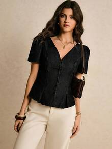 Poéselle Áo sơ mi denim nữ mùa hè kiểu dáng thường ngày tay cánh hoa, eo thon. - màu đen - Xem 5