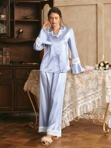 Côtesoire French Elegant Mature Contrast Color Lace Satin Robe & Pajama Set For Women - Baby Blue - View 4