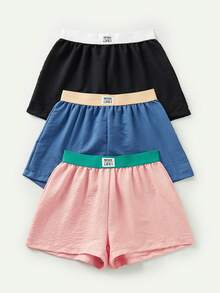 SHEIN 3-Piece Women's Contrast Color Sleep Shorts Loungewear Set - Multicolor - View 3