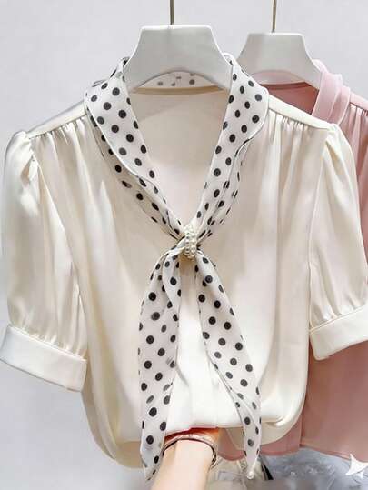 Airaco Women's Casual Elegant Polka Dot Pearl Collar Short Sleeve Satin Blouse
