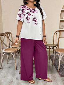 EMERY ROSE 2025 New Round Neck Plant Graphic Asymmetric Button Decor Casual Loose Plus Size Women Set - Hot Pink - View 6