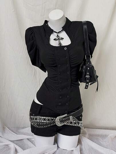 Vibekara Áo sơ mi tay cánh hoa hai hàng cúc cỡ lớn