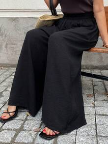 Vivie Lora 中老年女性纯色宽松阔腿裤，休闲度假款 - 黑色 - 查看 5