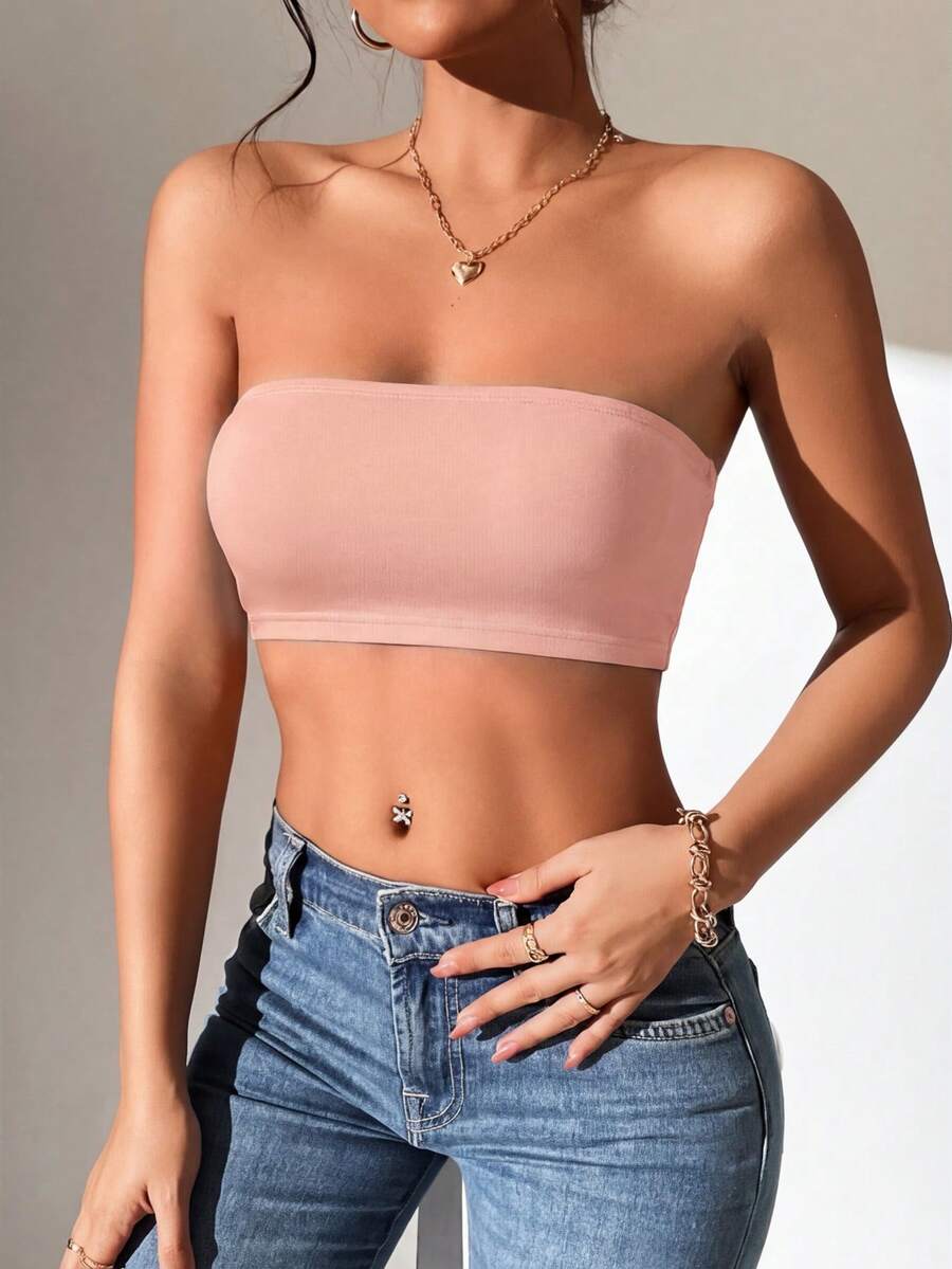 SHEIN PETITE 女士纯色露脐修身抹胸上衣 - 粉色 - 查看 1
