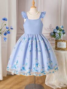 SHEIN Tween Girls' Summer Mesh Patchwork Floral Embroidery Dress - Blue - View 3